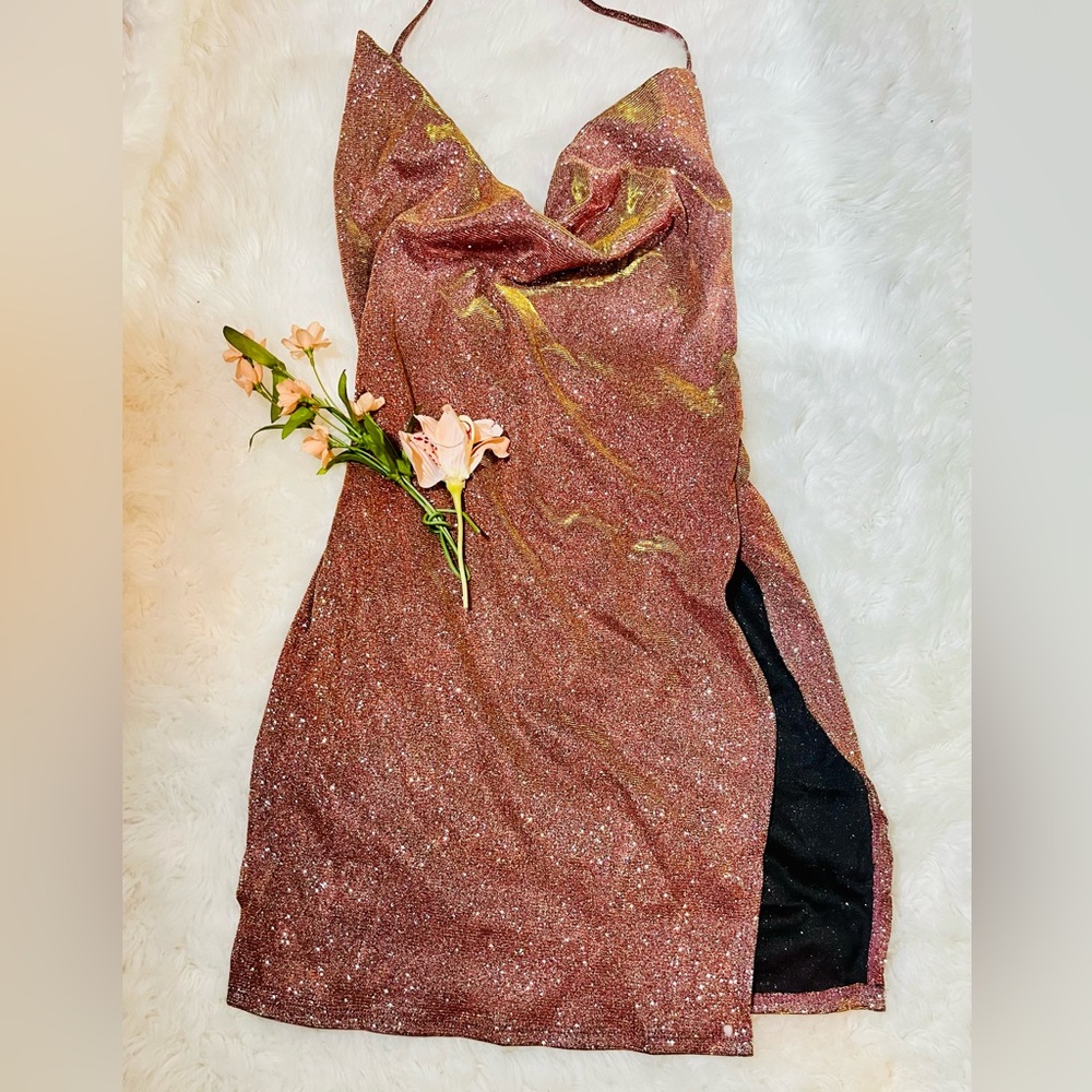 - HP🌷Sz small NWT ladies metallic copper SHEINSXY cocktail dress backless …